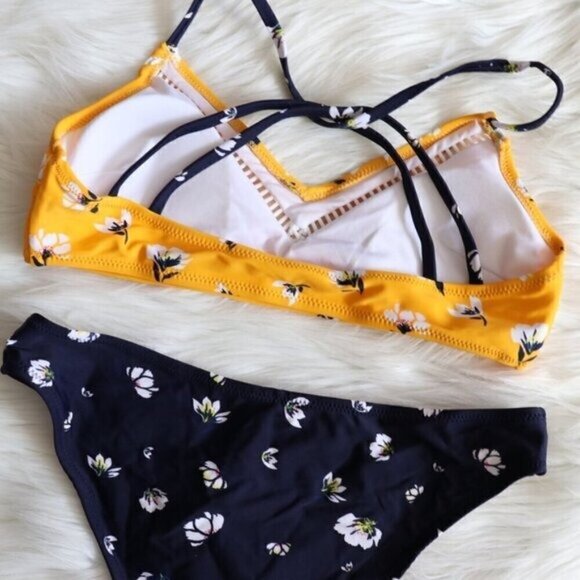 NEW Yellow Blue Floral Print V Neck Bikini Bathing Suit Set Size Large - Picture 6 of 8